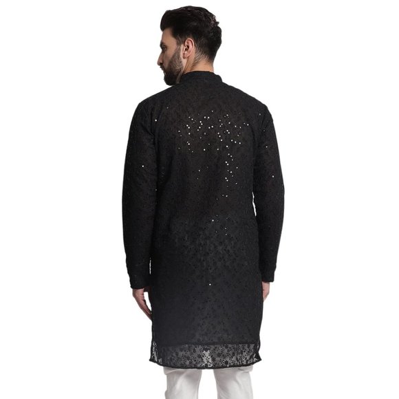 Men Chikankari Georgette Black Kurta Full Sleeve Knee Length Kurta - Picture 4 of 6